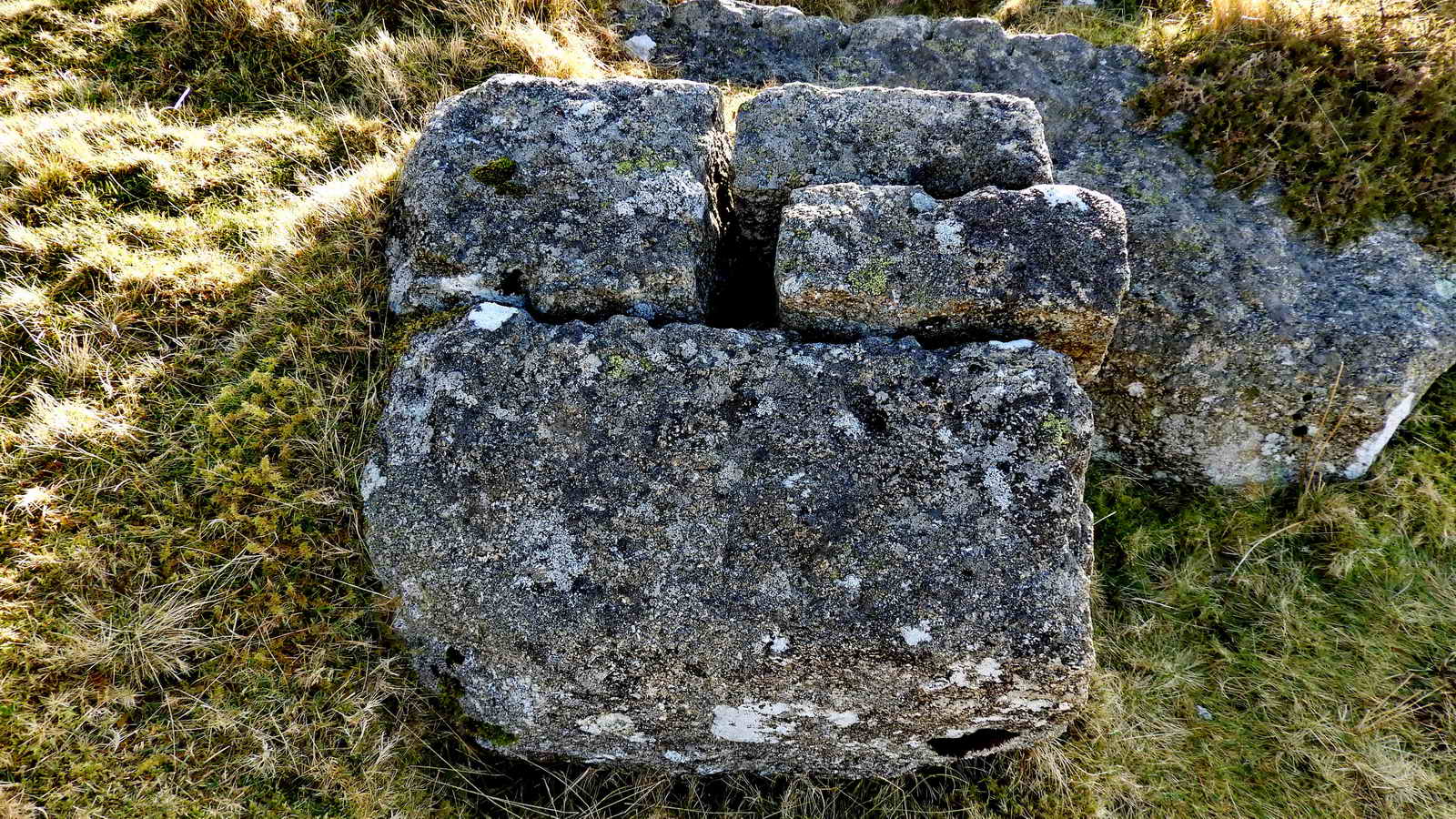 The Cake Stone - a granite block abandoned in the process of splitting for making setts for the railway. This stone would have provided eight setts