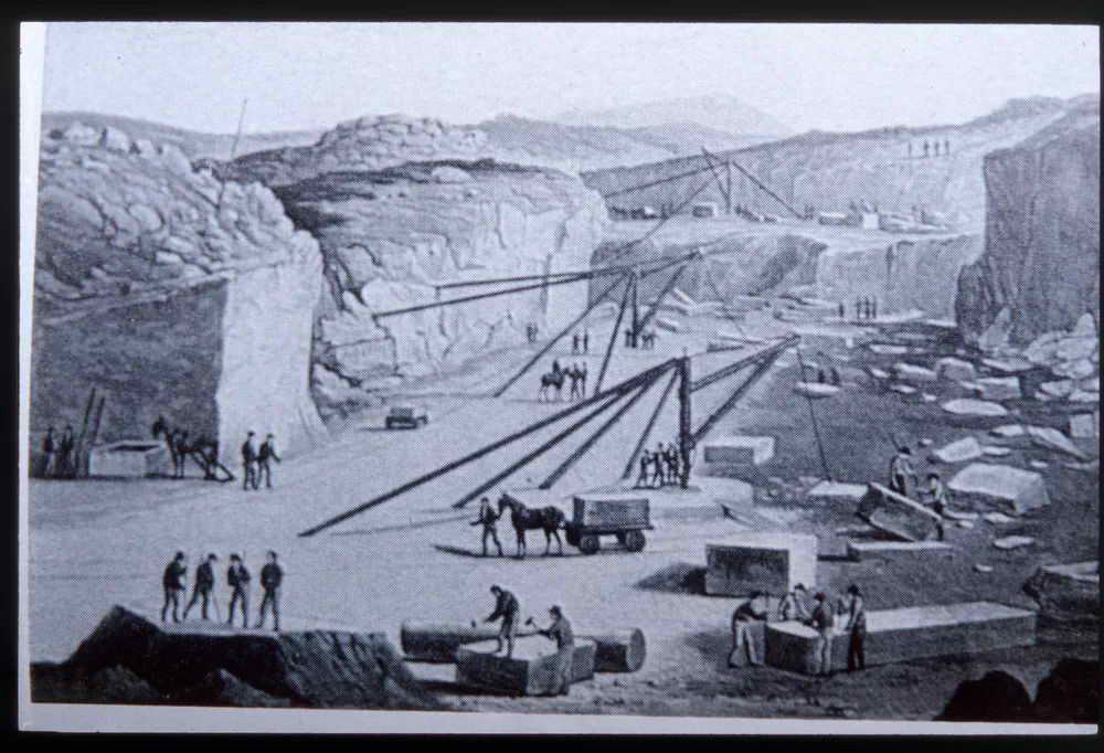 Artist’s impression of the working quarry; “Haytor quarry - old print”. Image reproduced with permission from the Dartmoor Trust Archive