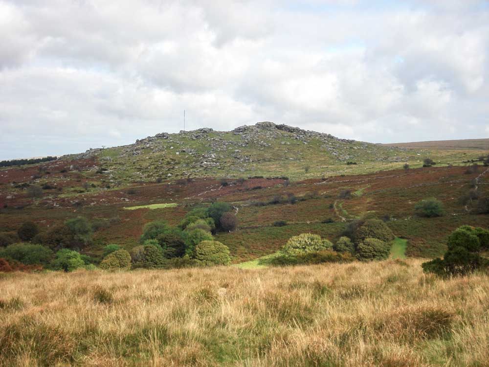 Down Tor. Elevation 366 metres (1200 feet). North Hessary Tor TV transmitter behind