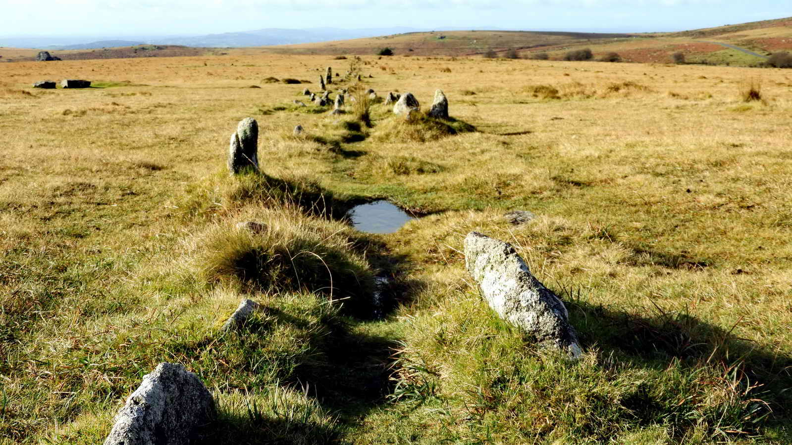 Looking west along the southern row to the small ring cairn and cist actually sited in the row. Someone very important?