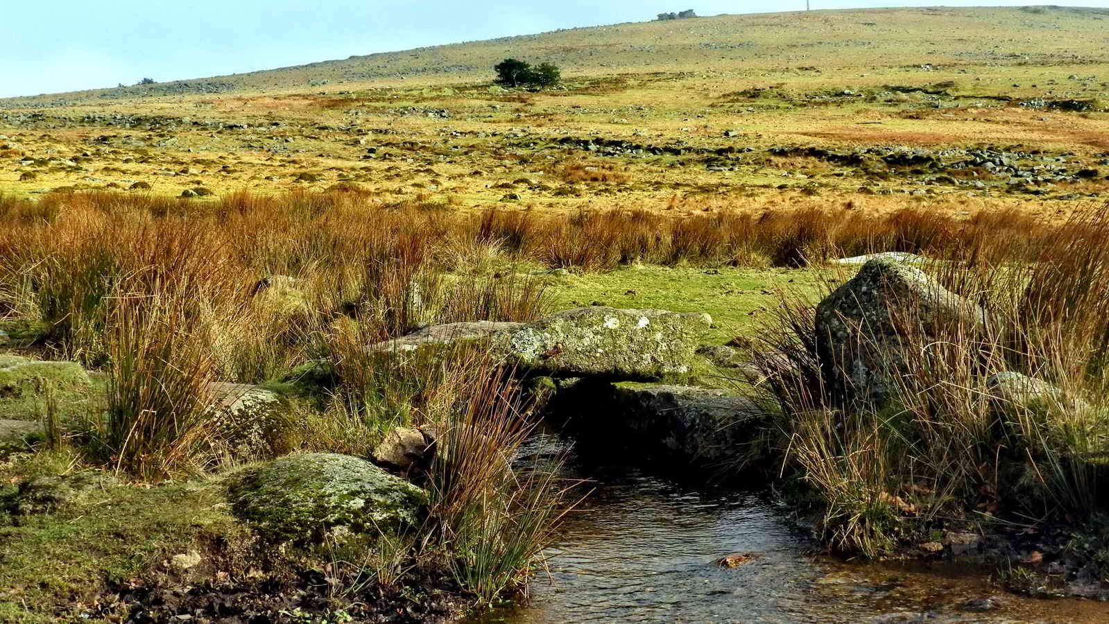 Small clapper bridge over Long Ash Leat at the back of Four Winds car park. On the skyline is Hollow Tor and the base of the tv mast