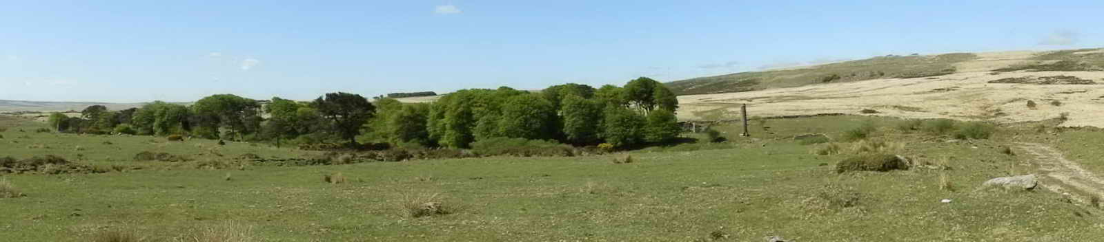 Panoramic view of the site, the South Chimney is discernable (left end), the track into the site can be seen at the right of the photograph