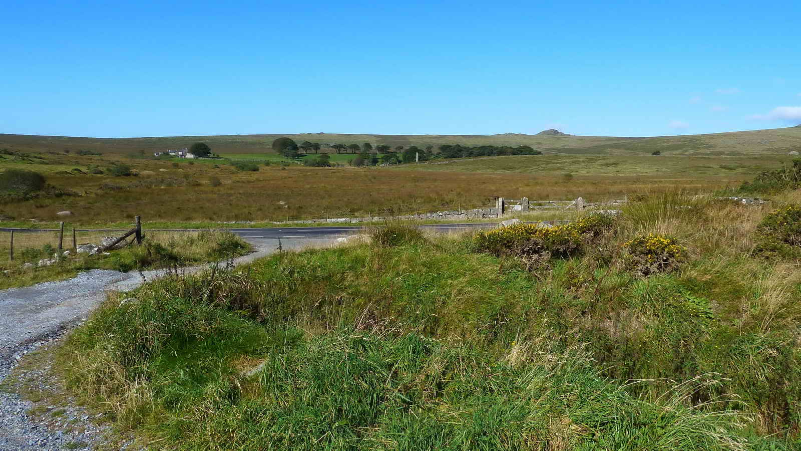 View from Higher Cherry Brook Bridge car park towards Powdermills (the settlement towards the left) with the Powdermills South Chimney visible, also the old gate on the Lich Way track, across the road. Longaford Tor is on the skyline