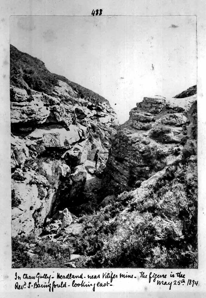 Chaw Gully Headland - Nr Vitifer Mine. The figure is Rev. S. Baring Gould - Picture Courtesy of Dartmoor Archive