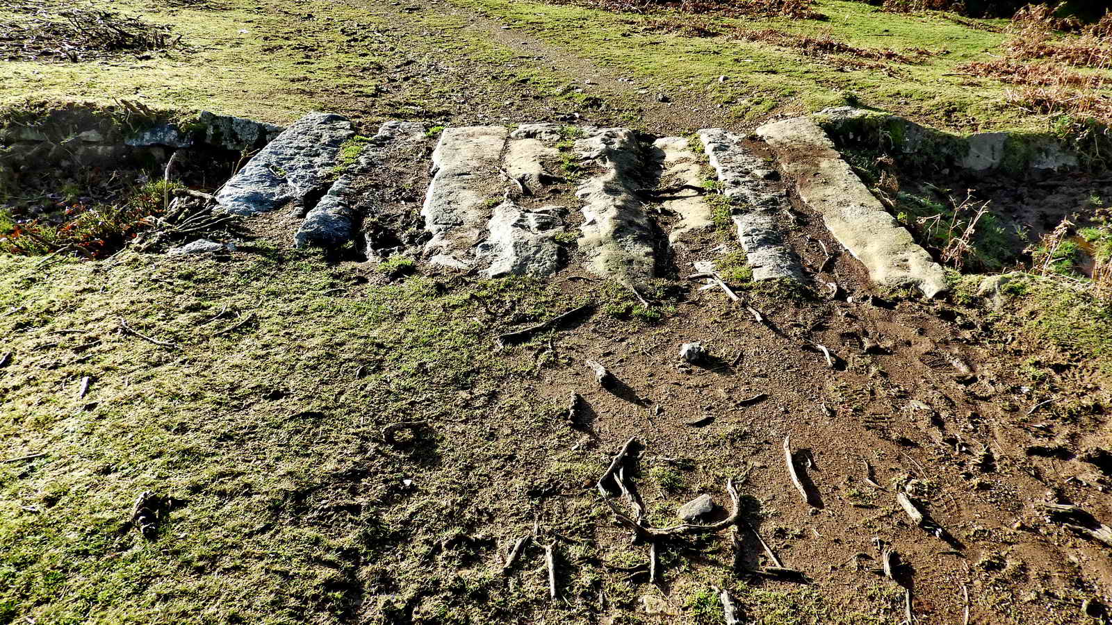 Clapper bridge with eight imposts at SX 54264 68001, over the “dry” Devonport Leat