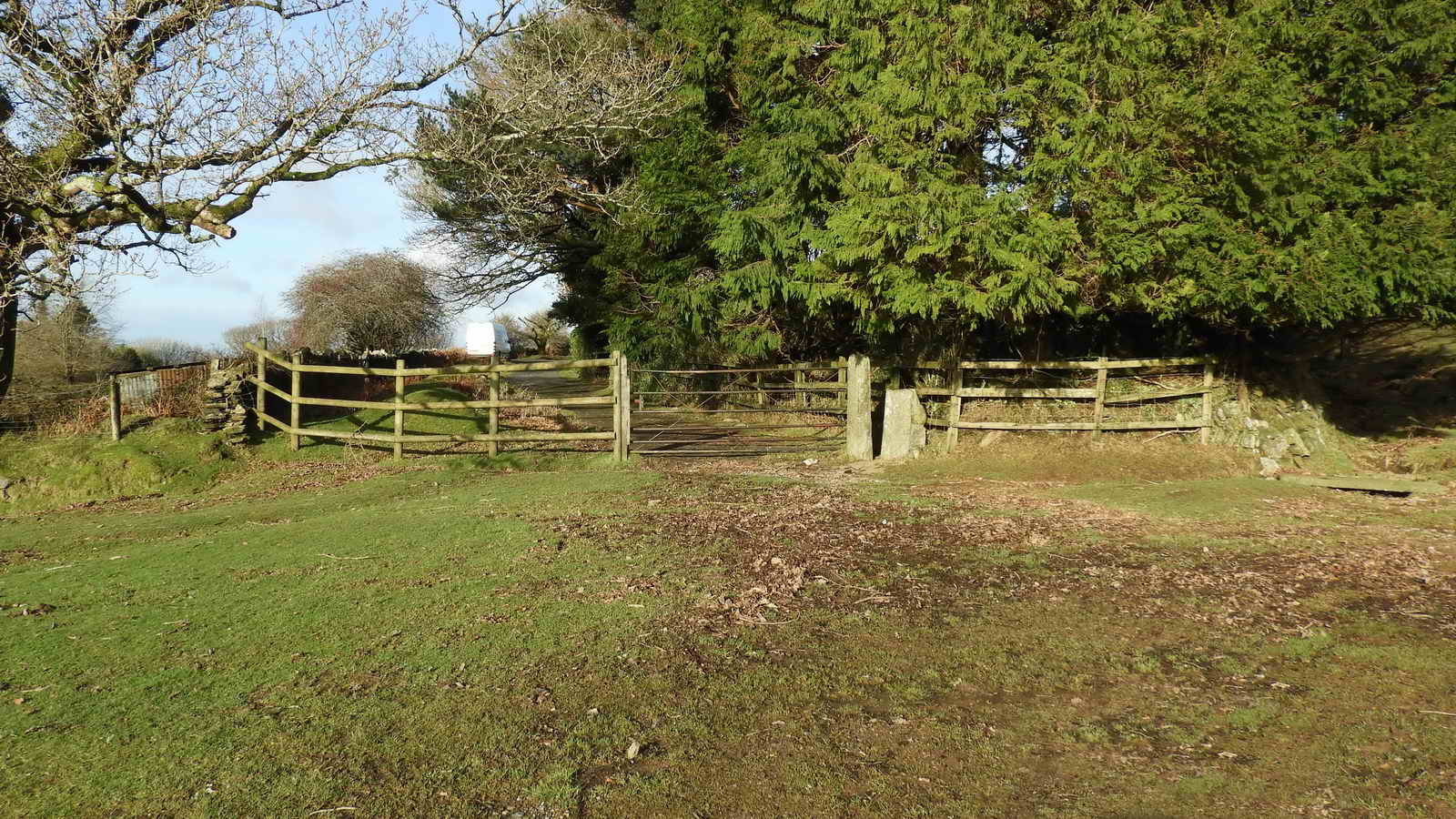 The gate at SX 54257 67930 where the 1823 horse-drawn tramway (Old Plymouth website) left this area of the Down to run north to Iron Mine Lane and past the Yennadon Quarry out through the field gate seen earlier