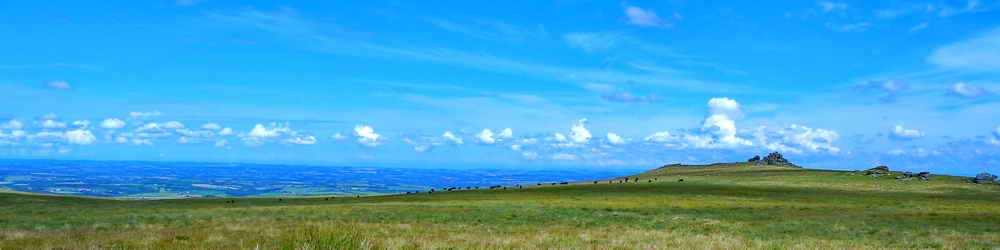 We started with the sky and now we are finishing, with the sky, blue with summer clouds. This was taken after Red-a-ven Brook, looking north-west, in the general direction of Okehampton, with Row Tor over to the right